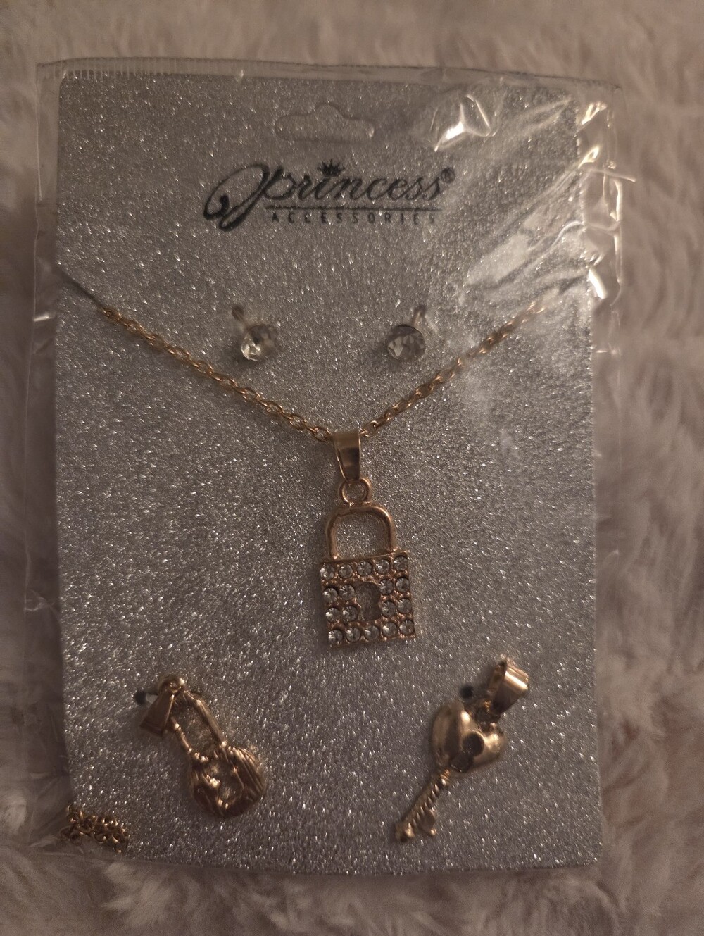 Gold Padlock Pendant Necklace and Charm Earring Set